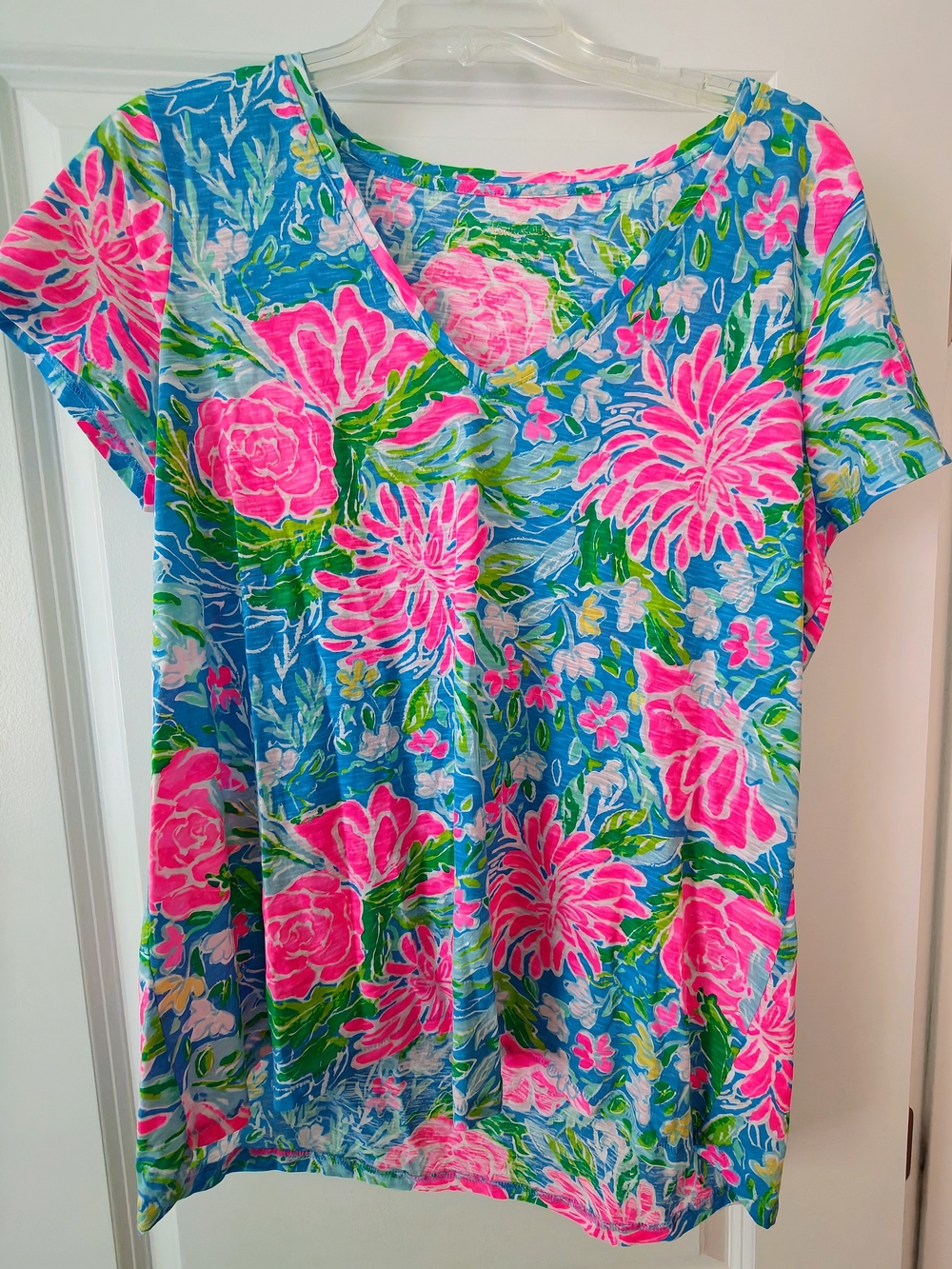 Lilly Pulitzer Blue Floral Short Sleeve Tee with Hot Pink & Green